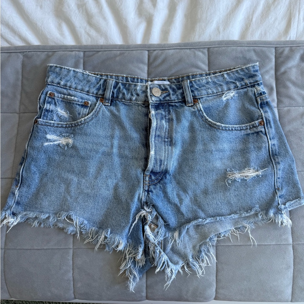 Zara Light Blue Distressed Denim Cutoff Shorts